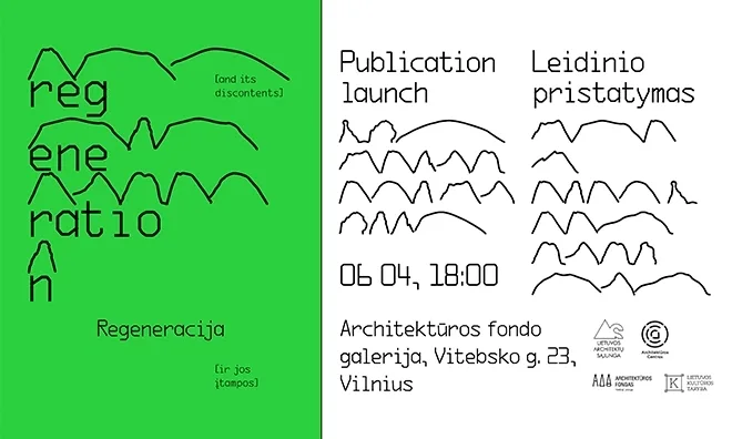 Event poster for Regeneracija publication launch with bright green logo on left and event details Leidinio pristatymas text on right