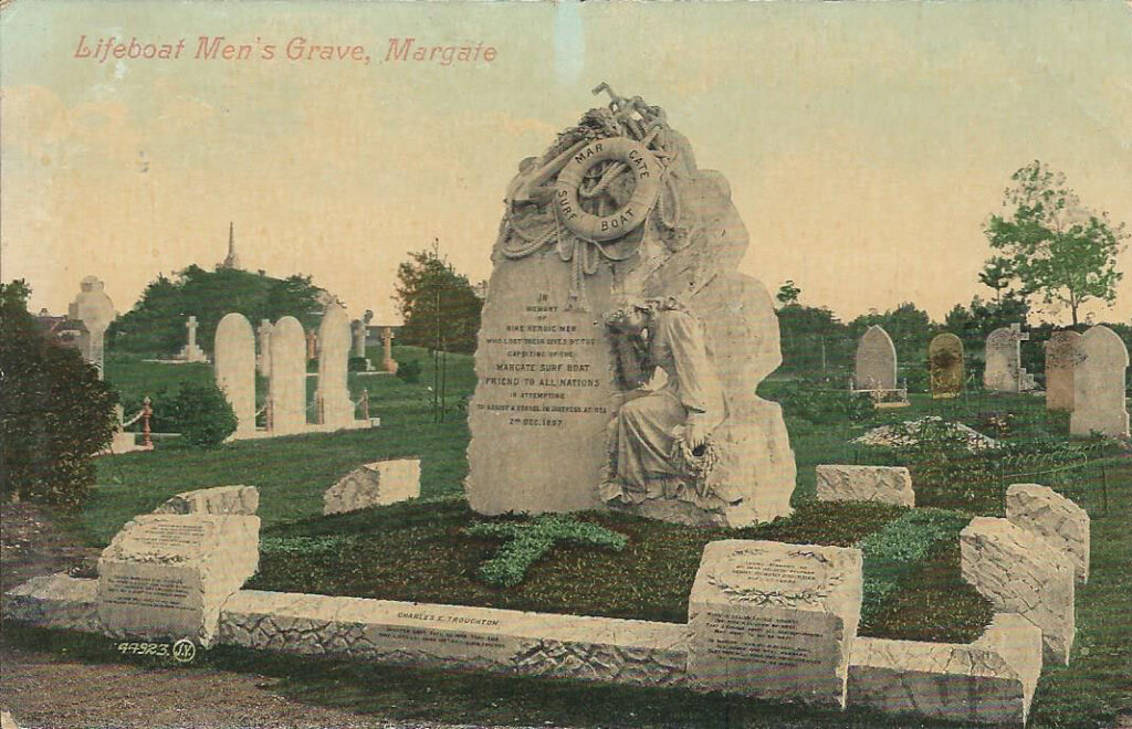 Vintage hand-colored postcard of Memorial to Lifeboat Men's Grave at Margate cemetery with stone monuments and tombstones