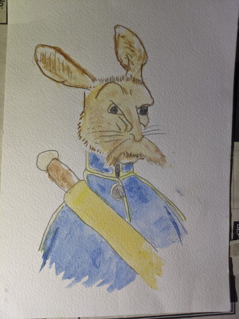 Hand-drawn colored pencil sketch of a rabbit wearing blue jacket with yellow stripe and holding a brush