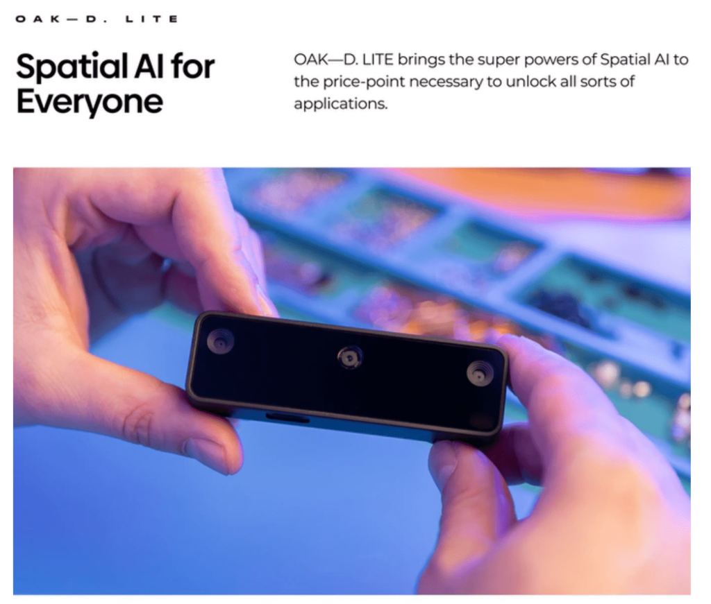 Screenshot of OAK-D Lite product page showing "Spatial AI for Everyone" with hand holding device with multiple camera lenses