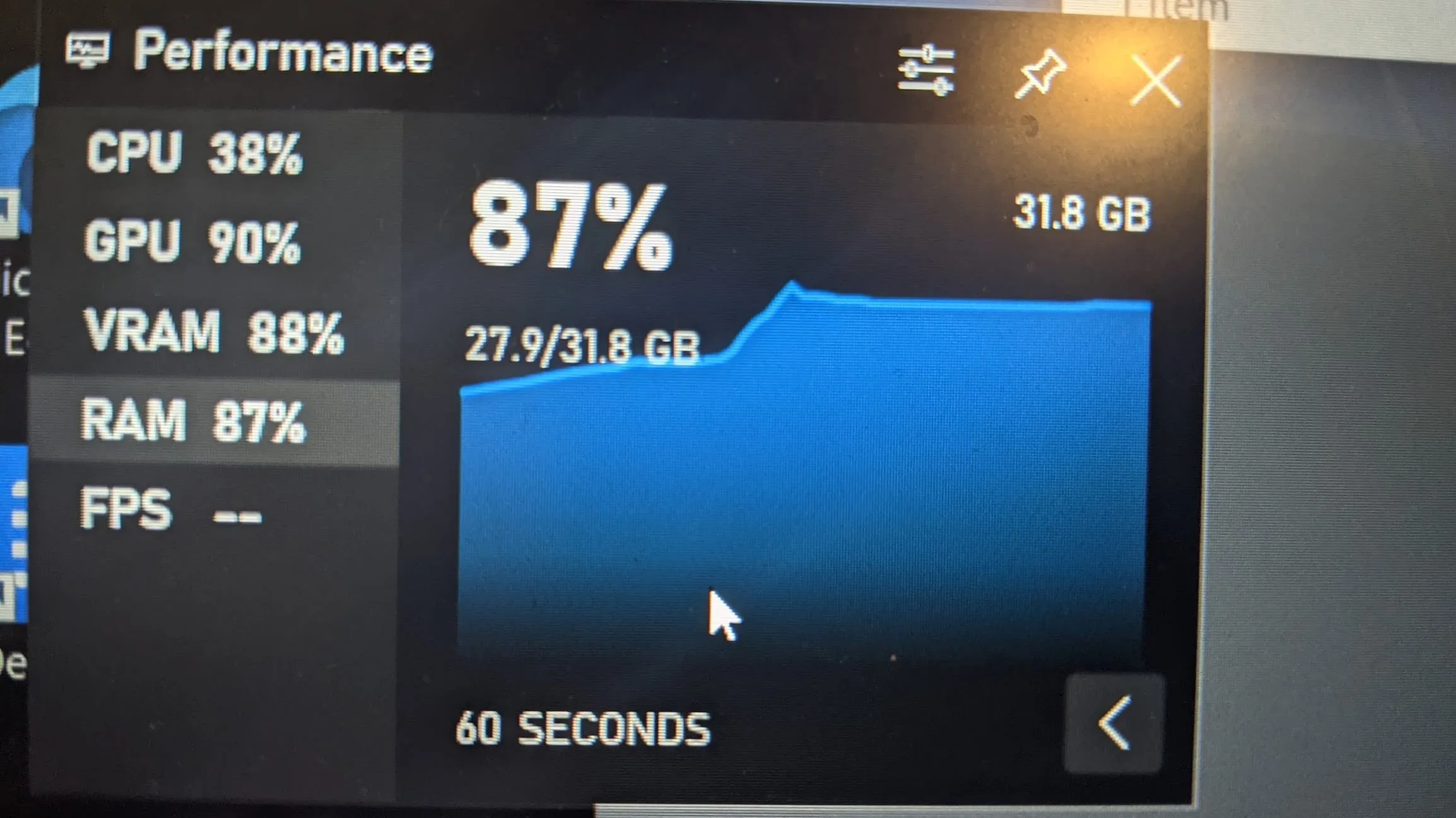 Computer performance monitor screenshot showing CPU 38%, GPU 90%, VRAM 88%, RAM 87% usage with blue progress bar and 60 seconds timer
