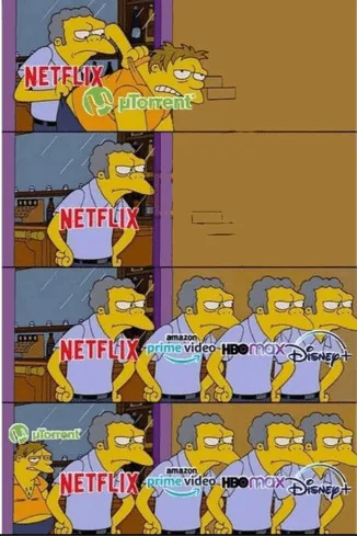 Simpsons meme showing Homer watching various streaming services Netflix HBO Disney expanding from top panel
