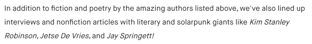 Screenshot of article text discussing interviews and fiction by Kim Stanley Robinson, Jetse De Vries, and Jay Springett