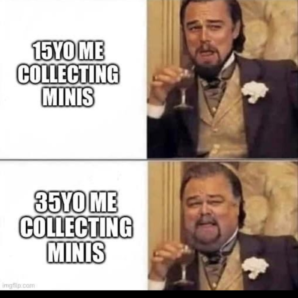 Meme comparing 15 year old collecting minis to 35 year old collecting minis with man in formal attire drinking