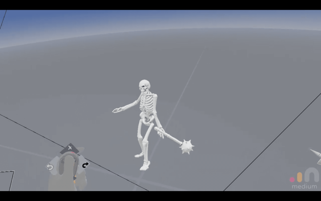 3D modeling software interface showing skeletal figure with wireframe construction guides and tool panels