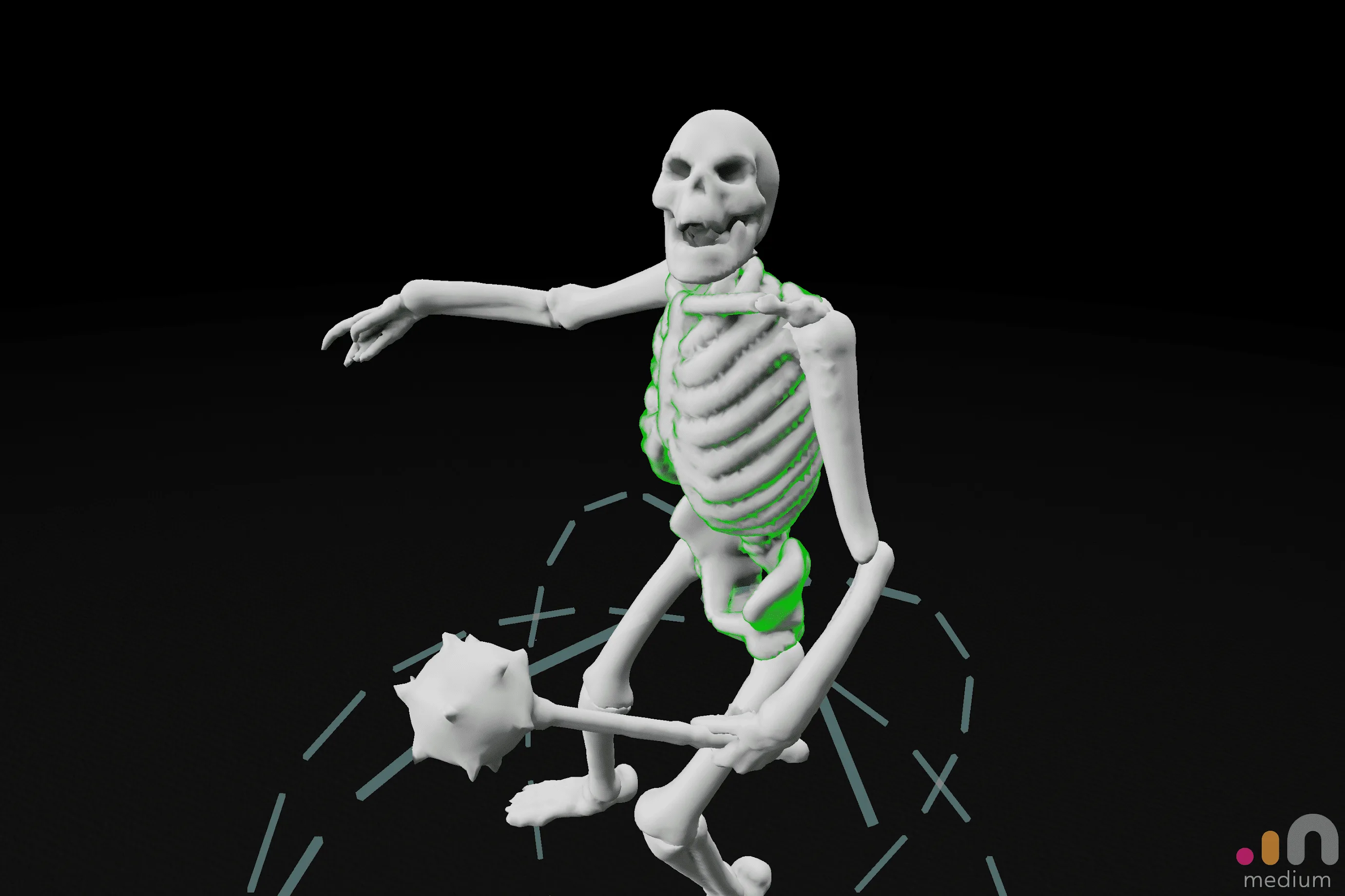 Skeletal anatomy diagram with green highlighted muscle groups against black background with circular measurement guide