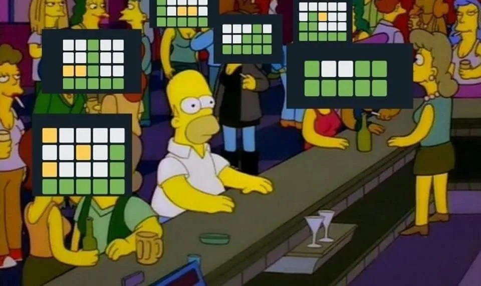 Simpsons scene with characters in a bar looking at colored square puzzle grids resembling Wordle game