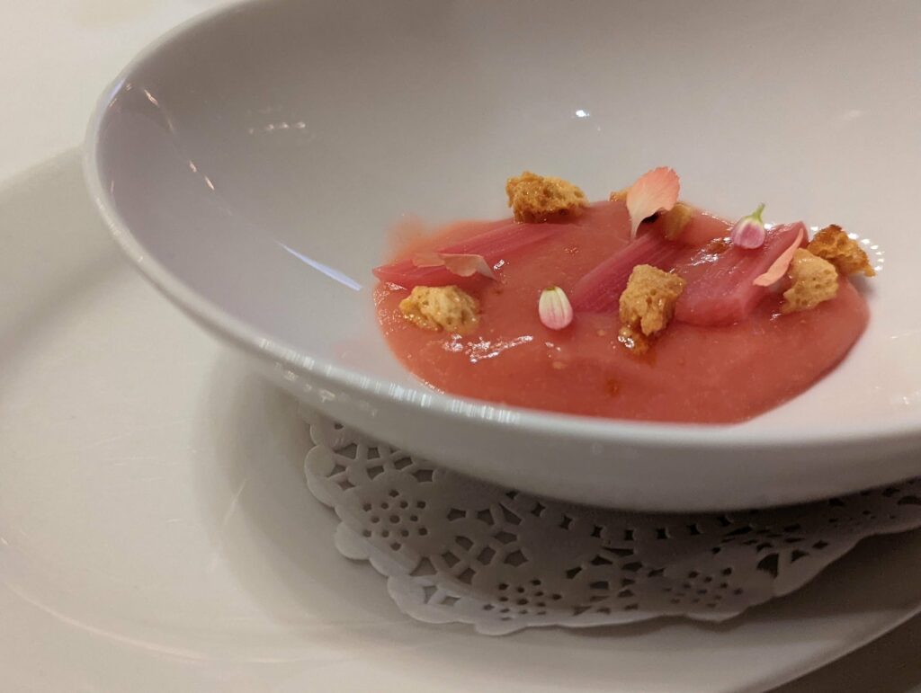 Red coral-colored purée or soup served in a white bowl, garnished with crispy golden croutons and delicate green microgreens on a decorative plate