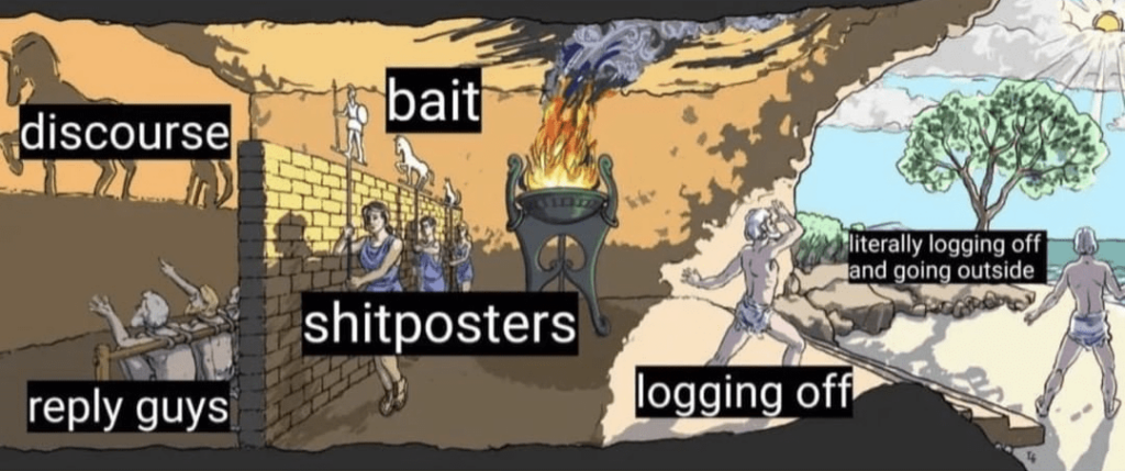 Internet discourse meme showing various types of users labeled as discourse, bait, shitposters, reply guys, logging off, and literally logging off and going outside