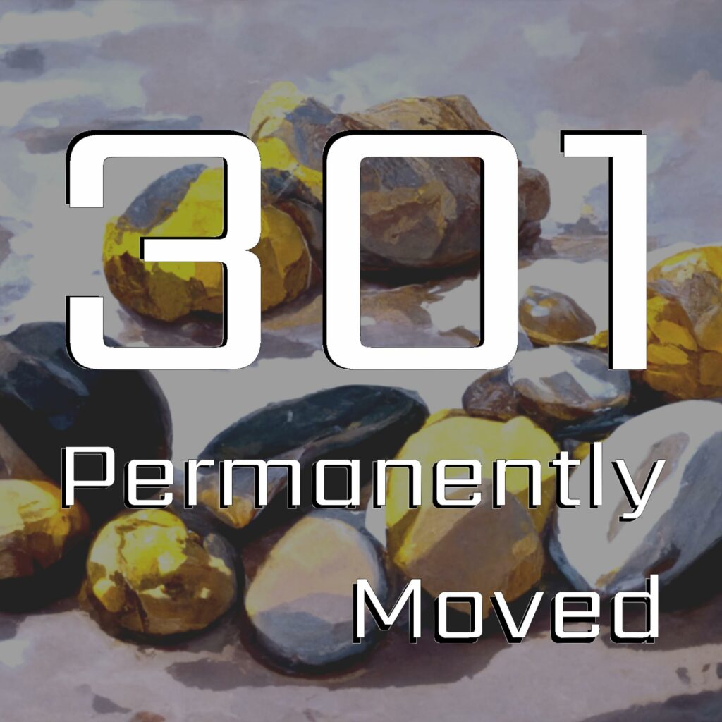 301 permanently moved podcast cover 2205 - Yellow and blue pebbles on shore