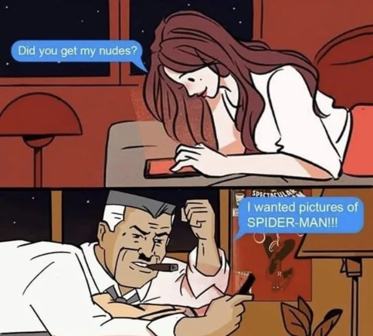 Comic meme with two panels featuring animated characters and speech bubbles about pictures and photos