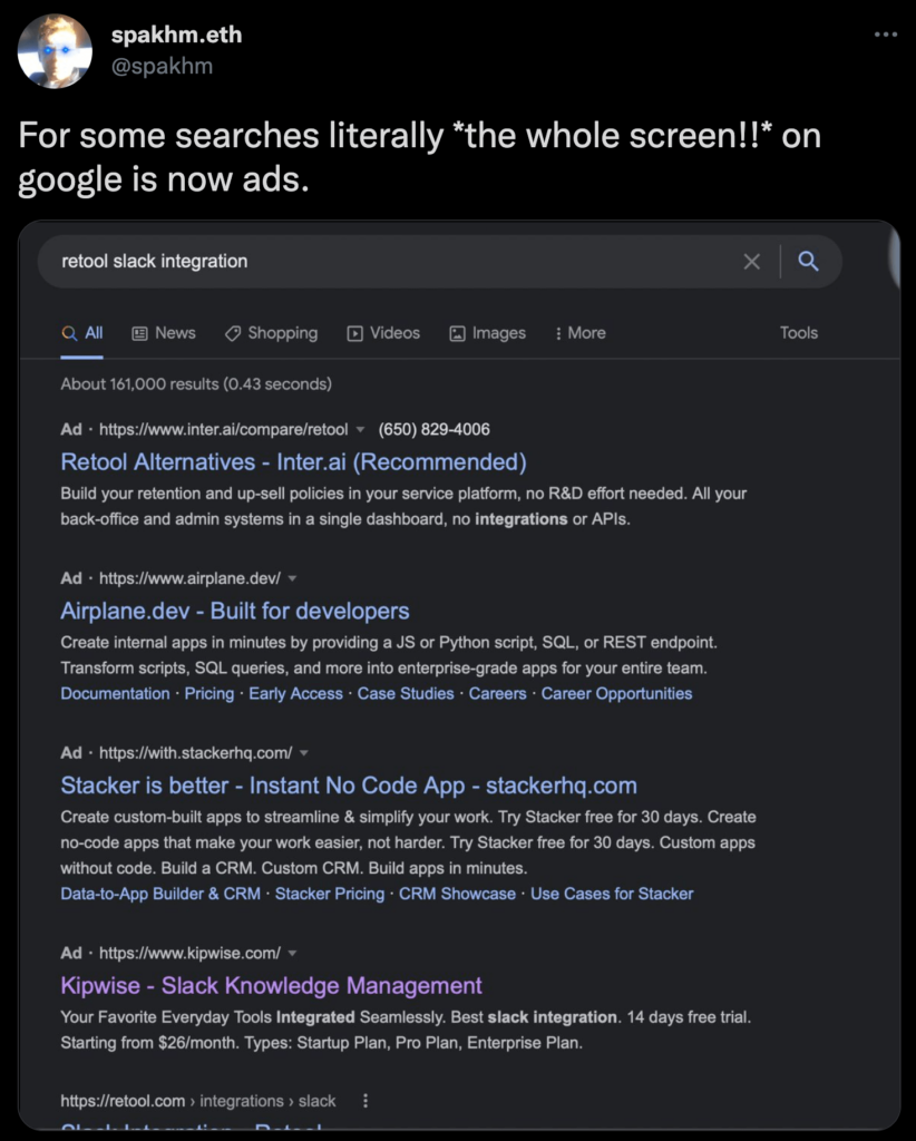 Screenshot of tweet showing Google search results page filled with advertisements; tweet text reads "For some searches literally *the whole screen!* on google is now ads."