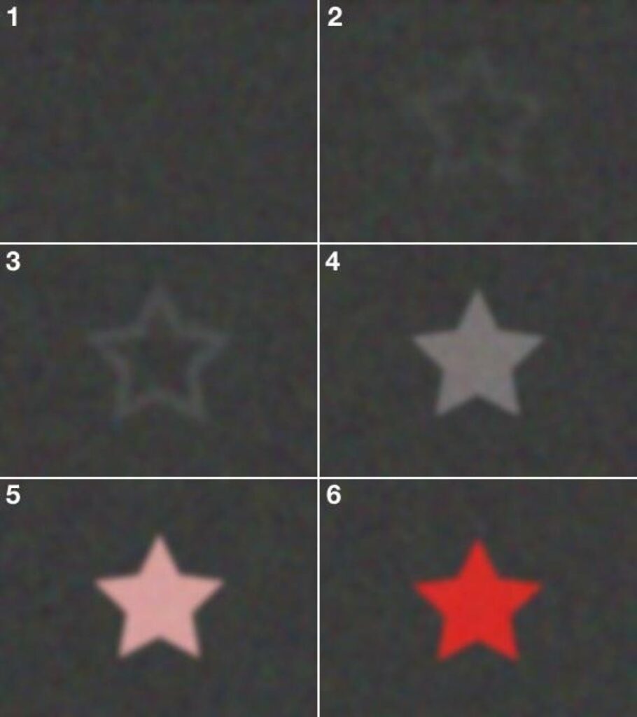Aphantasia test grid with six numbered panels: panels 1-2 mostly dark; panel 3 faint white star; panel 4 bright white star; panel 5 light pink star; panel 6 bright red star on dark background