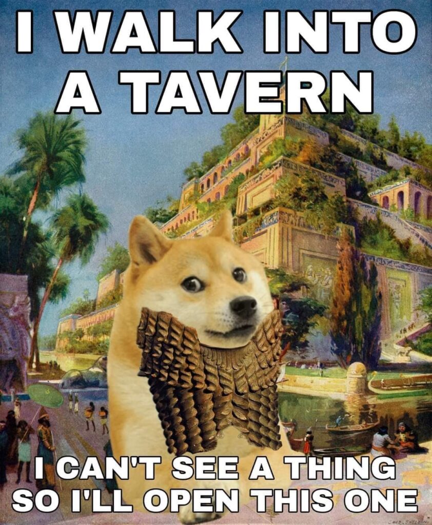 Doge meme in tavern: dog wearing armor saying "I walk into a tavern, I can't see a thing so I'll open this one"