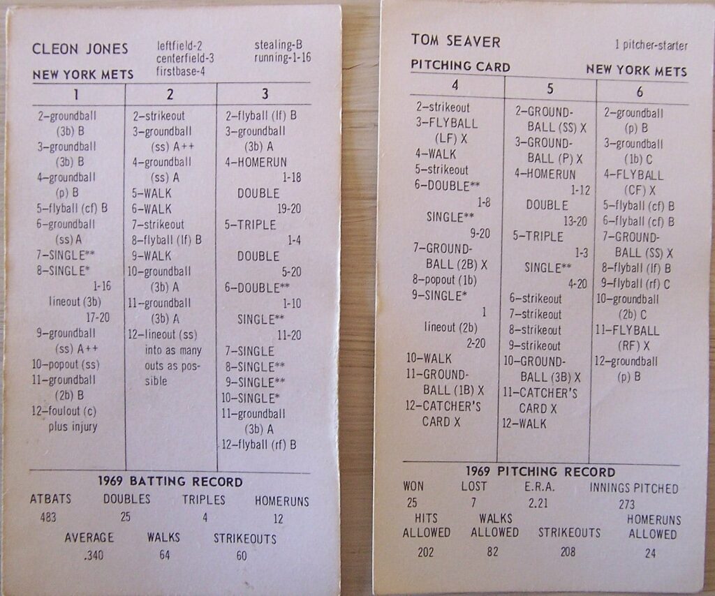 Vintage Strat-O-Matic baseball cards for Cleon Jones and Tom Seaver, New York Mets, with player statistics and gameplay abbreviations