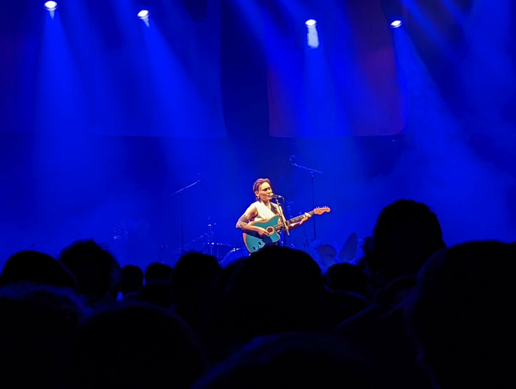 A musician performs with a light blue electric guitar under vibrant blue stage lights, seen over the silhouetted heads of a crowd.