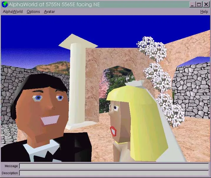 Screenshot of AlphaWorld virtual world showing two low-poly avatars, a groom and a bride, in a courtyard. Title bar text: AlphaWorld at 5755N 5565E facing NE.