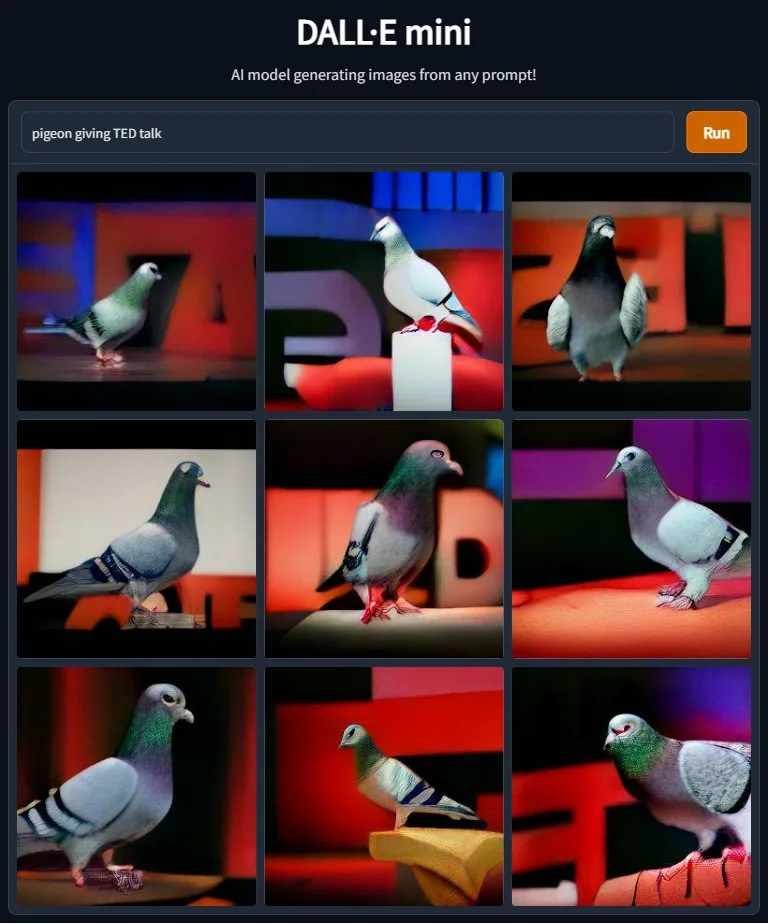 Screenshot of the DALL·E mini interface with the prompt "pigeon giving TED talk" and a 3x3 grid of low-resolution AI-generated images of pigeons on stage.
