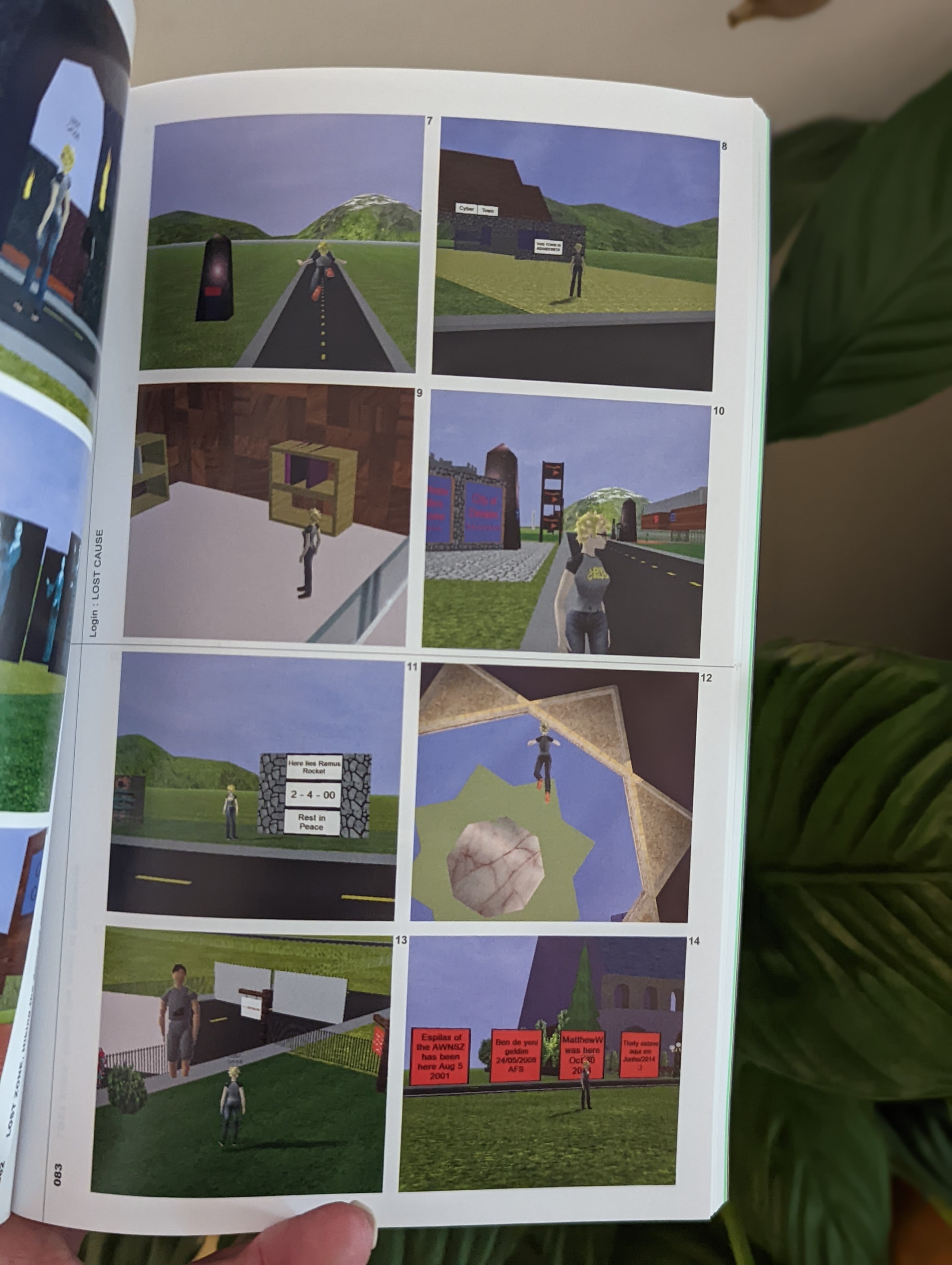 A book page titled Login: LOST CAUSE displaying eight screenshots of a blonde avatar exploring various areas of a low-poly 3D virtual world.