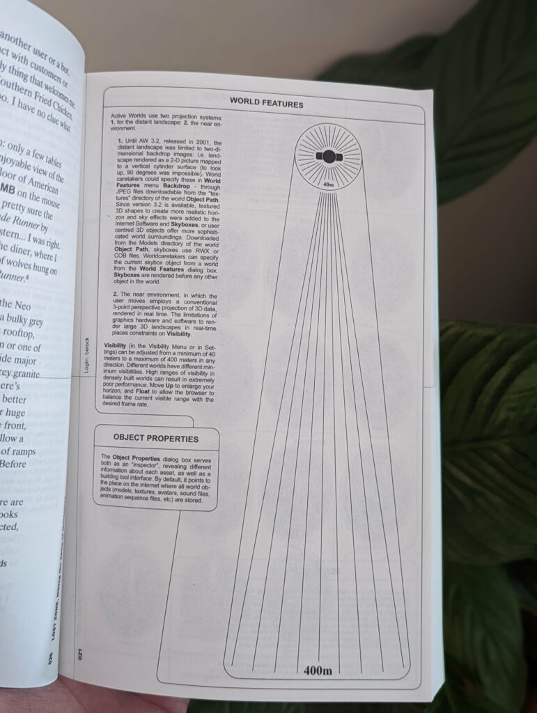 Open book page titled World Features, describing Active Worlds software alongside a perspective diagram showing visibility range from 40m to 400m.