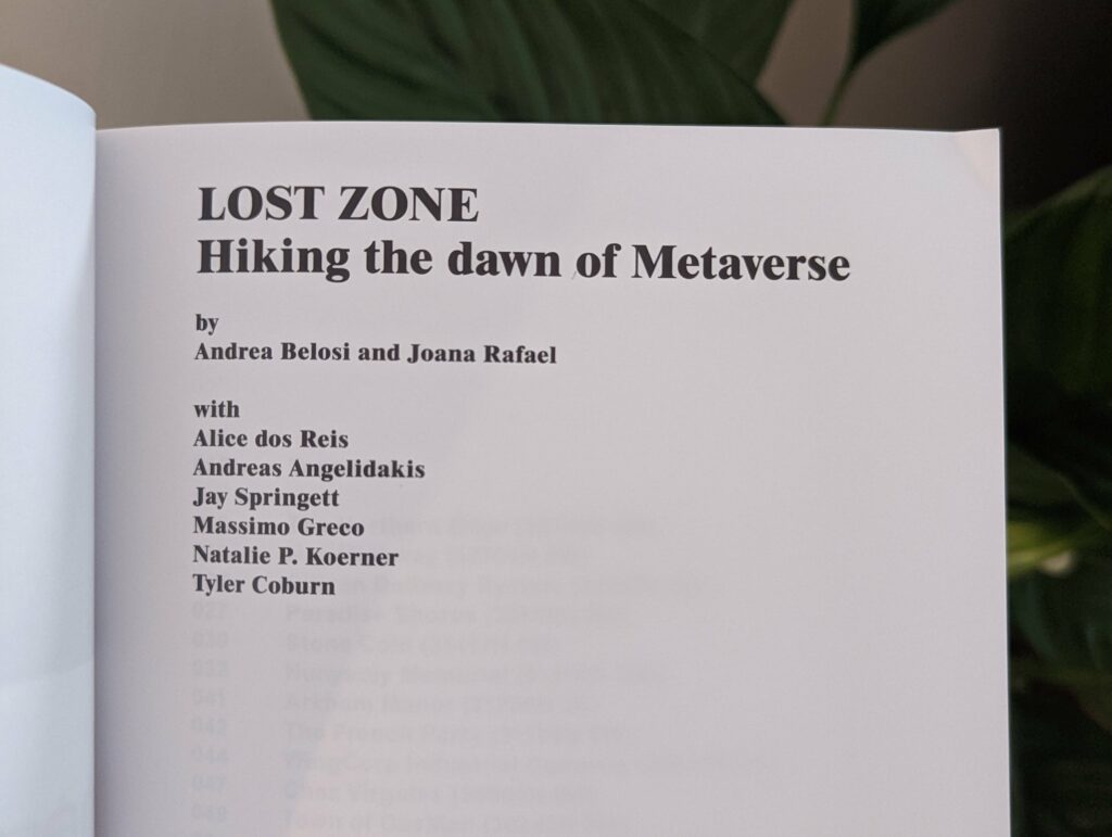 The title page of the book Lost Zone: Hiking the dawn of Metaverse by Andrea Belosi and Joana Rafael, with green plant leaves in the background.