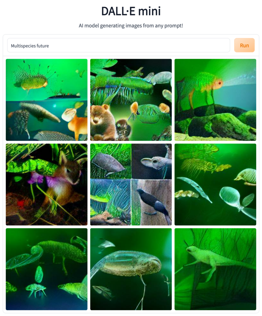 Screenshot of DALL-E mini website showing the prompt "Multispecies future" and a 3x3 grid of surreal, green-tinted AI-generated images of chimeric creatures and biological forms. Text: DALL-E mini, AI model generating images from any prompt!