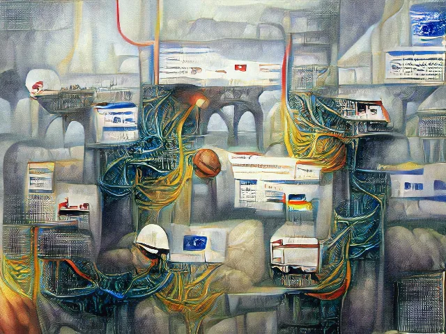 Featured image for Internet Infrastructure - abstract art of complex blue and yellow networks and server blocks in a hazy, industrial landscape.