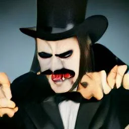 Featured image for Evil Villain - a man in a black top hat and tuxedo with a distorted pale face, dark eyes, and a thin mustache.