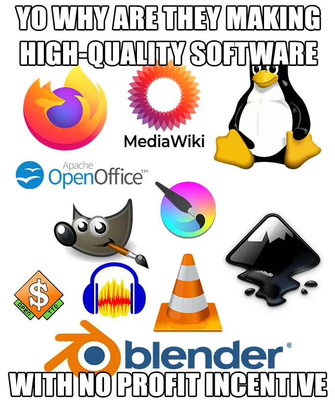 Graphic with text "YO WHY ARE THEY MAKING HIGH-QUALITY SOFTWARE WITH NO PROFIT INCENTIVE" surrounding logos for Firefox, MediaWiki, Linux, Apache OpenOffice, GIMP, Krita, Inkscape, OpenTTD, Audacity, VLC, and Blender.