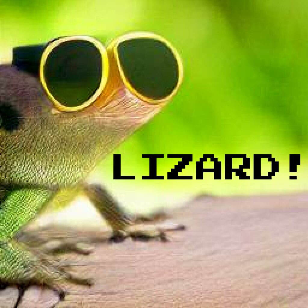 A green lizard wearing oversized yellow sunglasses with the word LIZARD! in black pixelated font against a blurry green background.