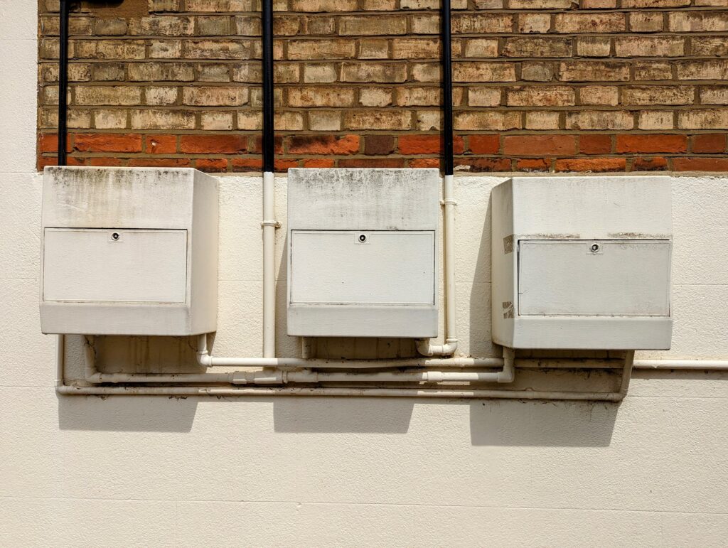 Three white utility boxes mounted on a wall under a brick section, connected by black vertical pipes and white horizontal piping.
