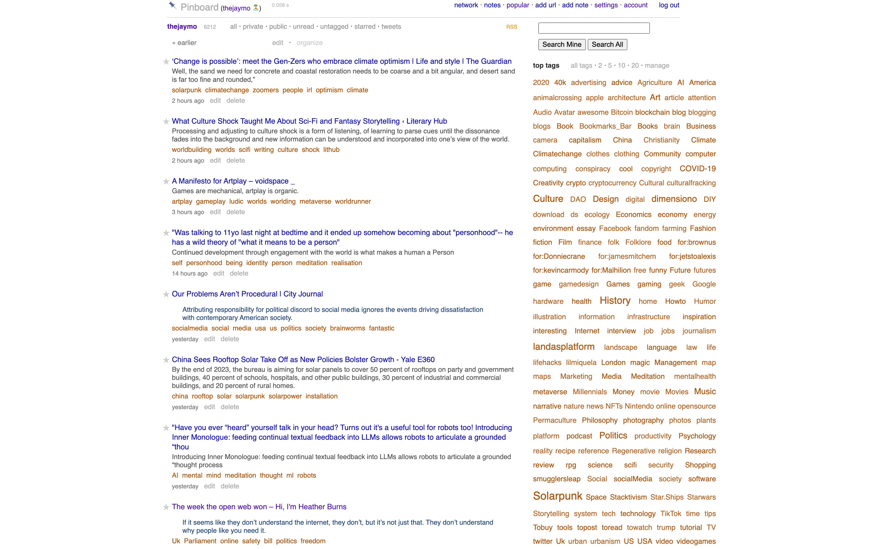 Screenshot of the Pinboard bookmarking interface for user 'thejaymo'. It shows a list of recent links with titles like 'Change is possible' and 'What Culture Shock Taught Me' on the left, and a dense tag cloud on the right featuring large terms such as Solarpunk, Culture, History, and Politics.