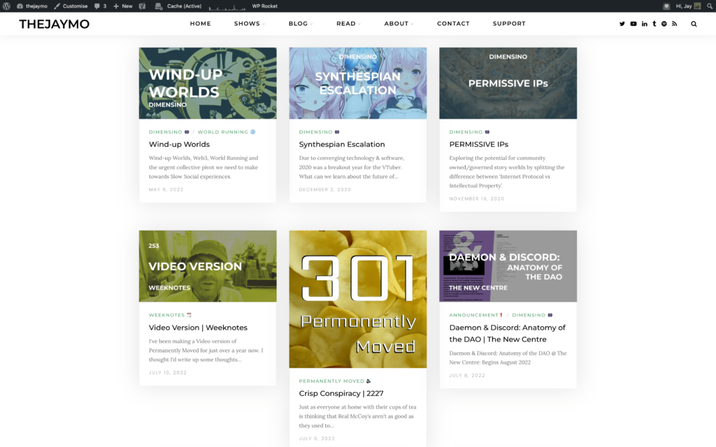 Screenshot of the THEJAYMO website homepage featuring a grid of blog posts including Wind-up Worlds, Synthespian Escalation, Permissive IPs, Weeknotes 253, 301 Permanently Moved, and Daemon & Discord.