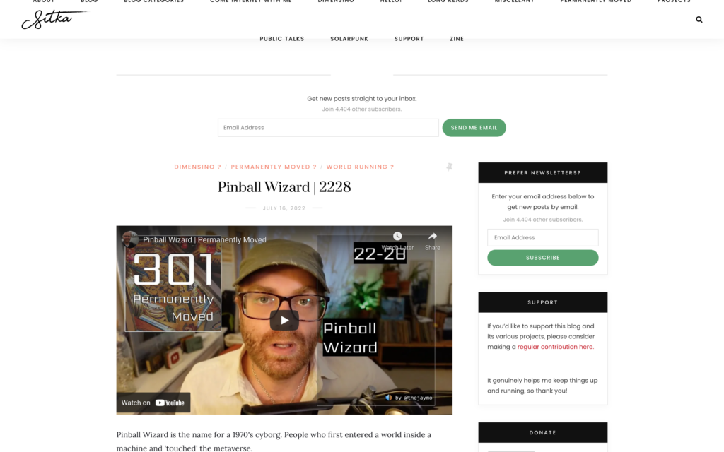 Screenshot of the thejaymo.net defaulting back to the Sitka blog theme showing the blog post Pinball Wizard | 2228. The interface includes an embedded YouTube video featuring a man with a cap and glasses, overlaid with the text 301 Permanently Moved, 22-28, and Pinball Wizard. The sidebar contains sections for Prefer Newsletters?, Support, and Donate.