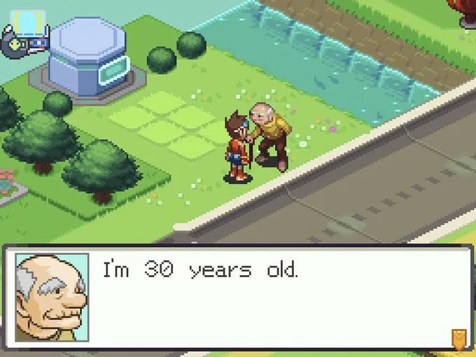Screenshot from Mega Man Battle Network. Lan talks to a hunched, elderly man with a cane. A dialogue box shows the man saying, "I'm 30 years old.