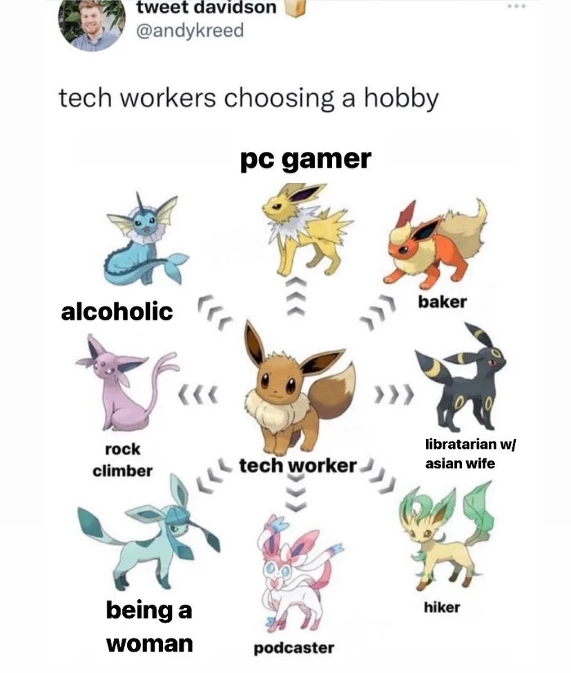 A screenshot of a tweet by tweet davidson (@andykreed) titled "tech workers choosing a hobby". It shows a meme diagram with the Pokémon Eevee in the center labeled "tech worker," evolving into various hobbies: Jolteon (pc gamer), Flareon (baker), Umbreon (libertarian w/ asian wife), Leafeon (hiker), Sylveon (podcaster), Glaceon (being a woman), Espeon (rock climber), and Vaporeon (alcoholic).