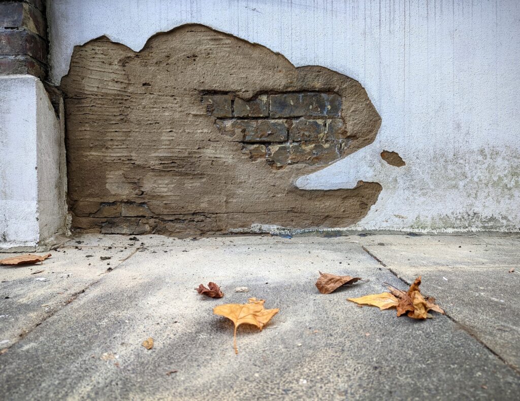 Peeling white plaster on a wall revealing layers of brown render and bricks, above a grey pavement with scattered dry autumn leaves.