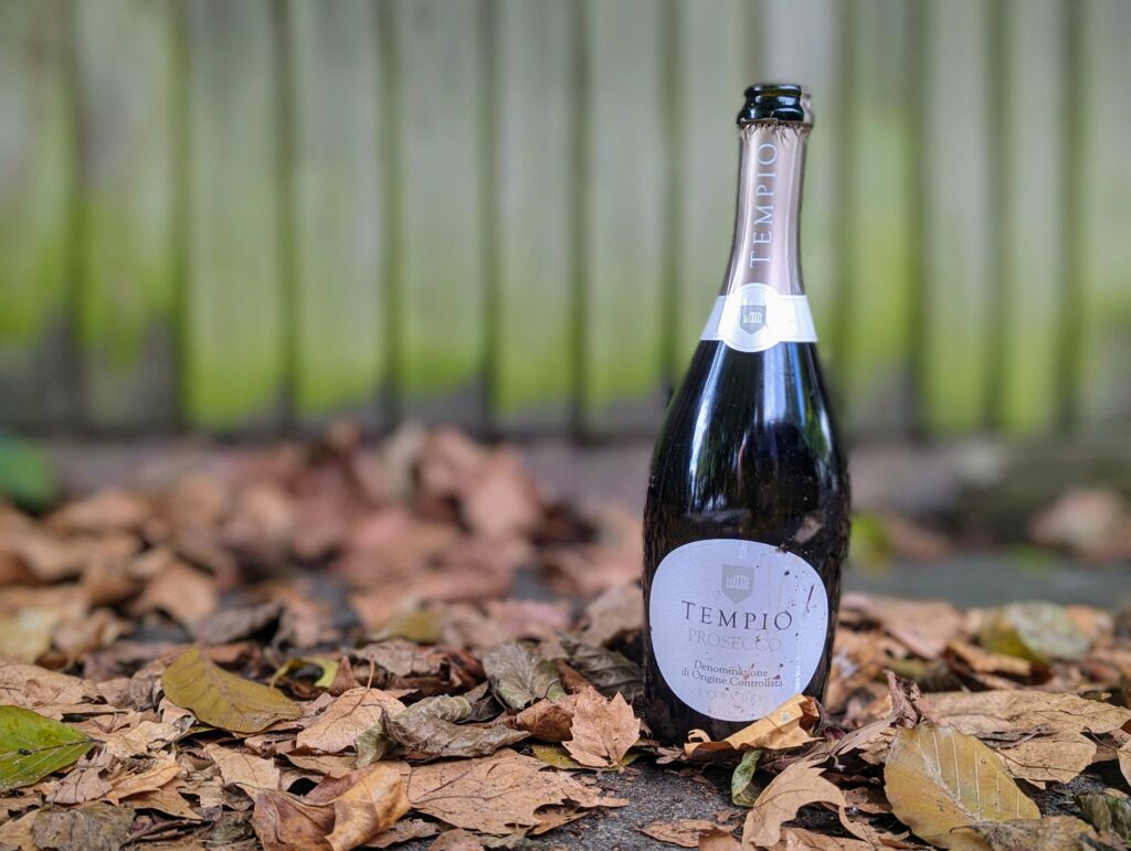 A bottle of Tempio Prosecco standing in a pile of dry autumn leaves against a blurred wooden fence.