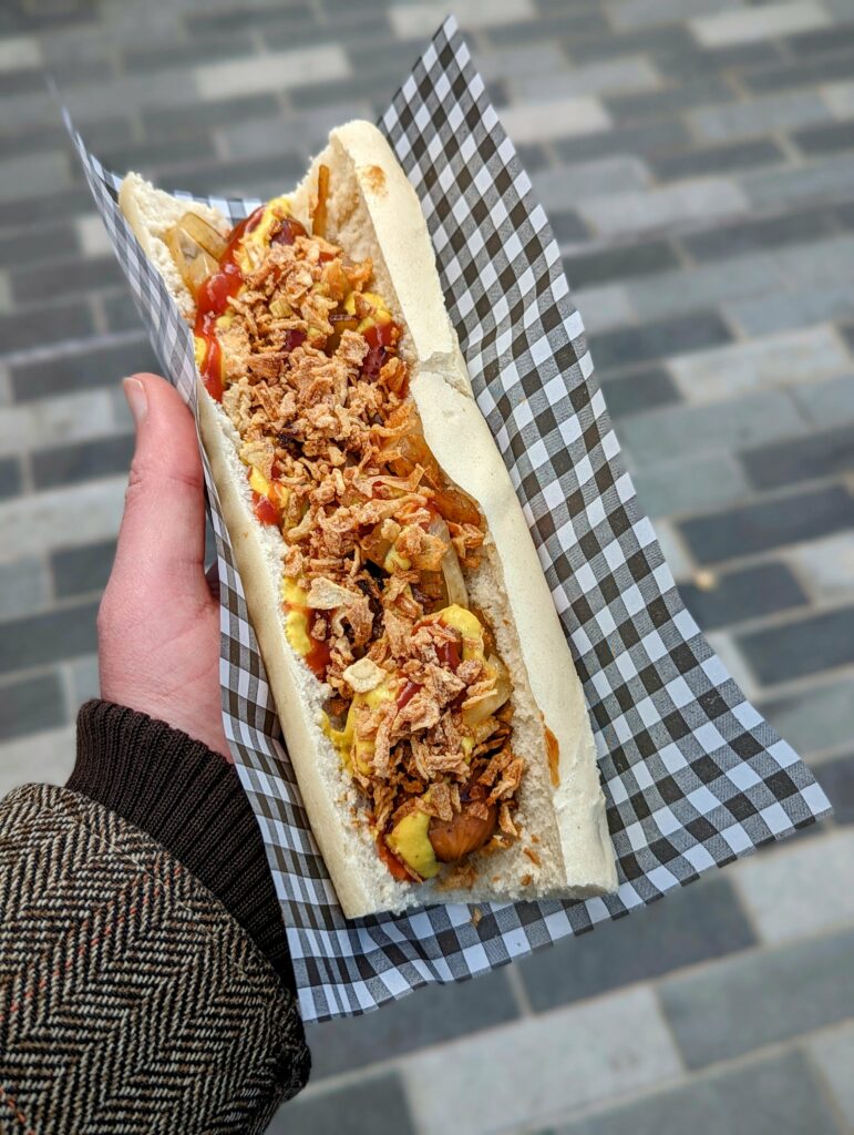 A hand in a tweed jacket holds a hot dog topped with crispy onions, mustard, and ketchup in a checkered wrapper over grey paving stones.