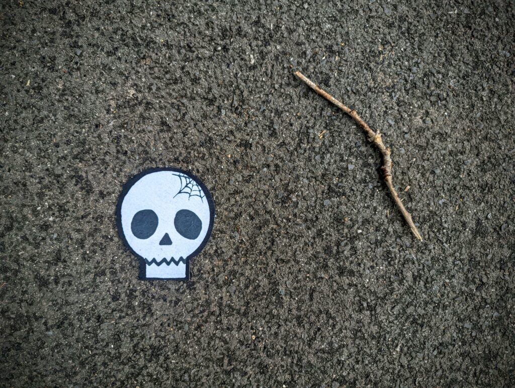 A stylized paper skull cutout with a spider web detail lies on dark grey asphalt next to a small twig.