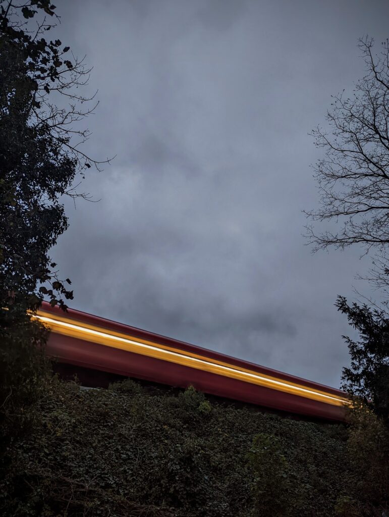 Motion blur of a red train and yellow light streak passing an ivy-covered bank under a heavy grey sky framed by bare trees.