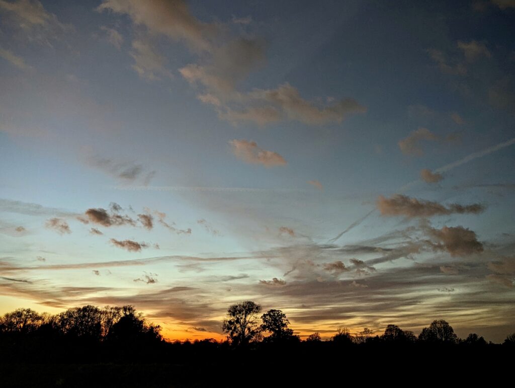 Silhouetted trees beneath a sunset sky with wispy clouds and contrails fading from blue to bright orange at the horizon.