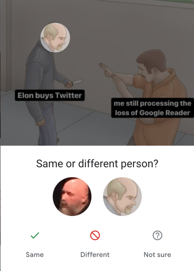 Google Photos interface asking "Same or different person?" comparing a photo of comic book writer Warren Ellis man to an illustrated bald man holding a knife. The meme shows the illustration labeled "Elon buys Twitter" confronting a man labeled "me still processing the loss of Google Reader".