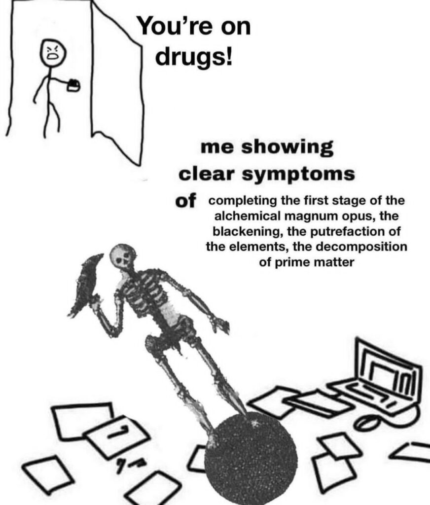 Stick figure in a doorway yells "You’re on drugs!" at a skeleton on a black orb. Text: me showing clear symptoms of completing the first stage of the alchemical magnum opus, the blackening, the putrefaction of the elements, the decomposition of prime matter