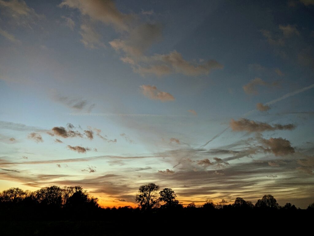 Wispy clouds and contrails across a blue dusk sky with silhouetted trees against an orange sunset horizon.