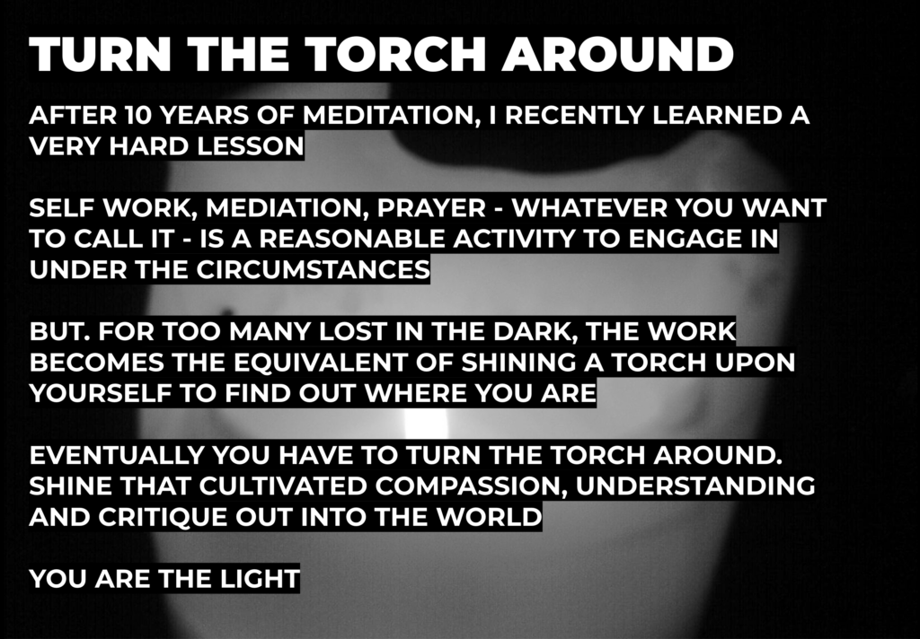 Text over a black and white blurred background. Text reads: TURN THE TORCH AROUND. AFTER 10 YEARS OF MEDITATION, I RECENTLY LEARNED A VERY HARD LESSON. SELF WORK, MEDIATION, PRAYER - WHATEVER YOU WANT TO CALL IT - IS A REASONABLE ACTIVITY TO ENGAGE IN UNDER THE CIRCUMSTANCES. BUT. FOR TOO MANY LOST IN THE DARK, THE WORK BECOMES THE EQUIVALENT OF SHINING A TORCH UPON YOURSELF TO FIND OUT WHERE YOU ARE. EVENTUALLY YOU HAVE TO TURN THE TORCH AROUND. SHINE THAT CULTIVATED COMPASSION, UNDERSTANDING AND CRITIQUE OUT INTO THE WORLD. YOU ARE THE LIGHT.