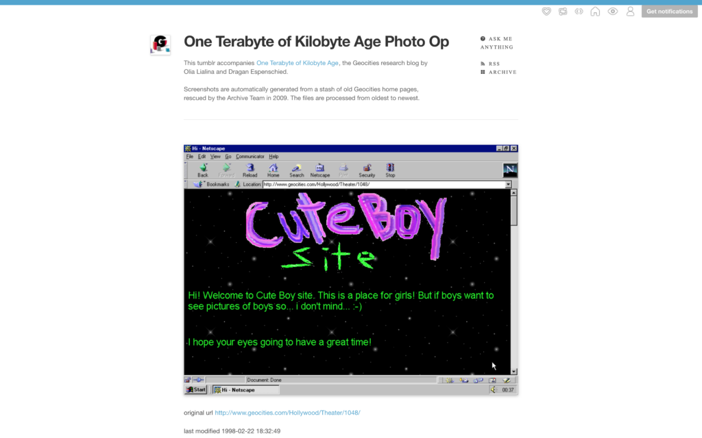 Screenshot of the Tumblr blog "One Terabyte of Kilobyte Age Photo Op" displaying an archived Geocities page from 1998. The screenshot shows a Netscape browser window with a starry black background and large purple text that says "Cute Boy Site", accompanied by green text reading "Hi! Welcome to Cute Boy site. This is a place for girls!".