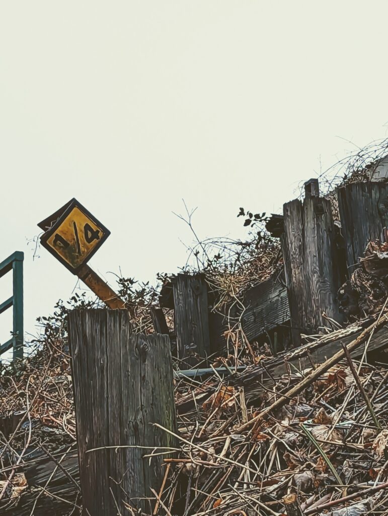 A weathered yellow diamond sign with 1/4 on it leans amidst rotting wooden posts and tangled dry brush against an overcast sky.
