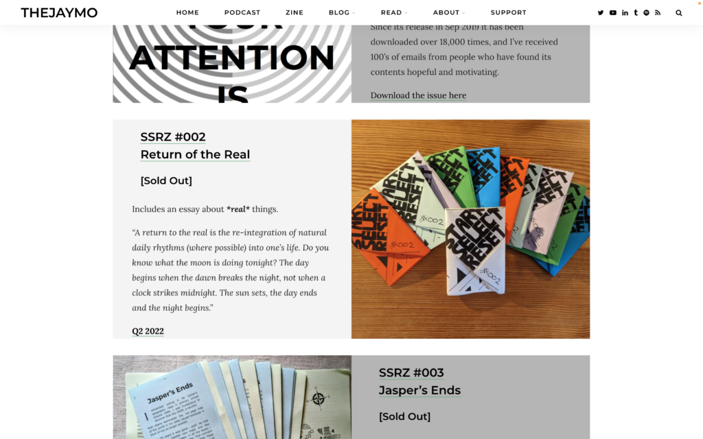 Screenshot of THEJAYMO website zine page featuring SSRZ #002 Return of the Real and SSRZ #003 Jasper's Ends, both marked as sold out. Photos show colorful zines with the text START SELECT RESET.