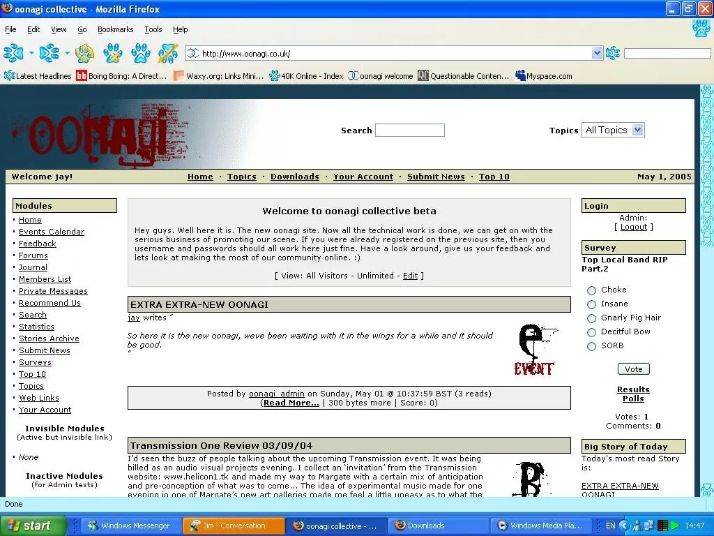 A Windows XP screenshot of Mozilla Firefox displaying the oonagi collective beta website in 2005. The site features community news, module links, and a sidebar survey. Browser bookmarks for Boing Boing and MySpace are visible.